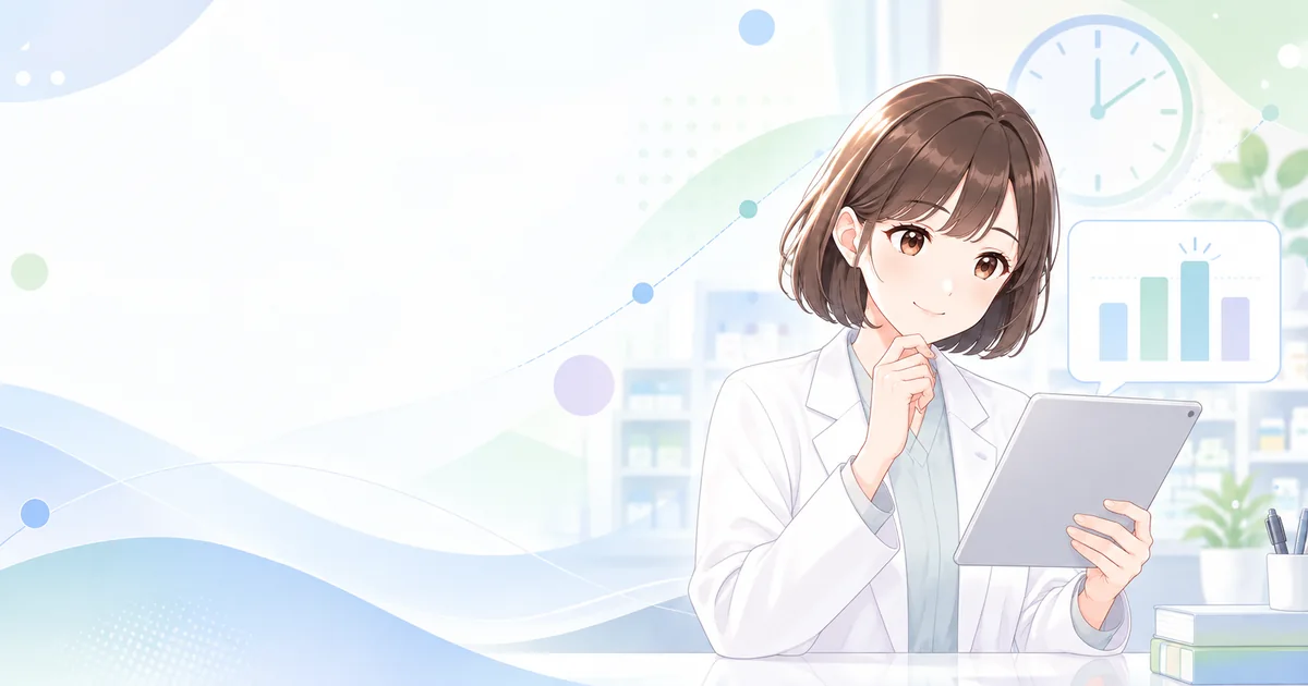 時計と年齢別グラフを見ながら残業時間を確認する薬剤師のイラスト